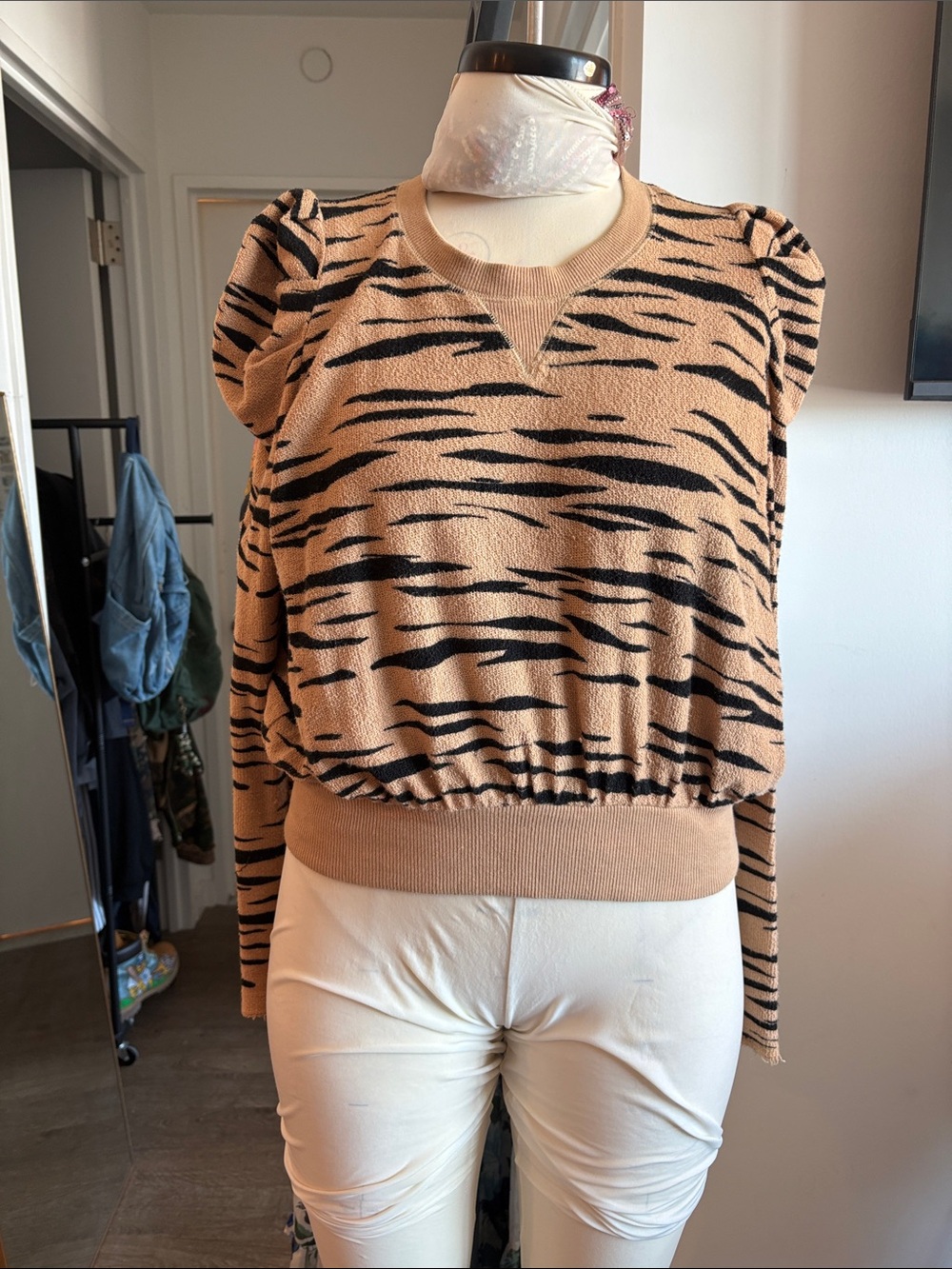 Free People Tan and Black Tiger-Stripe Puff-Sleeve Sweatshirt